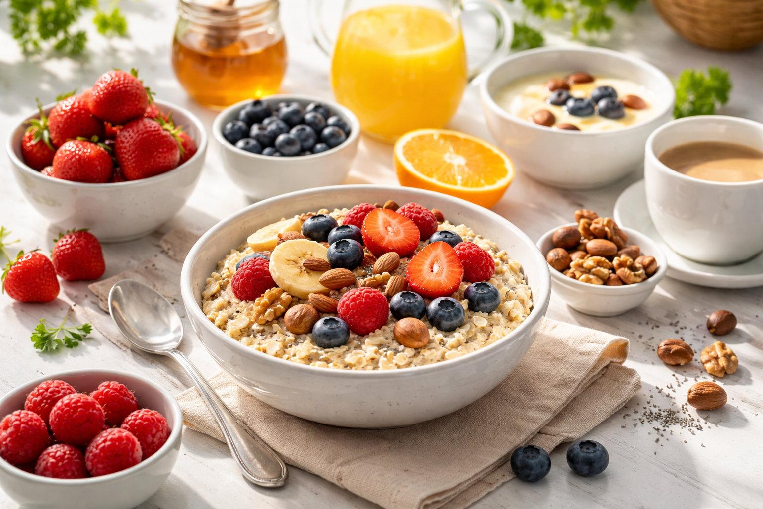 healthy breakfast with oatmeal, fresh berries, nuts and yogurt on a bright morning table with natural sunlight