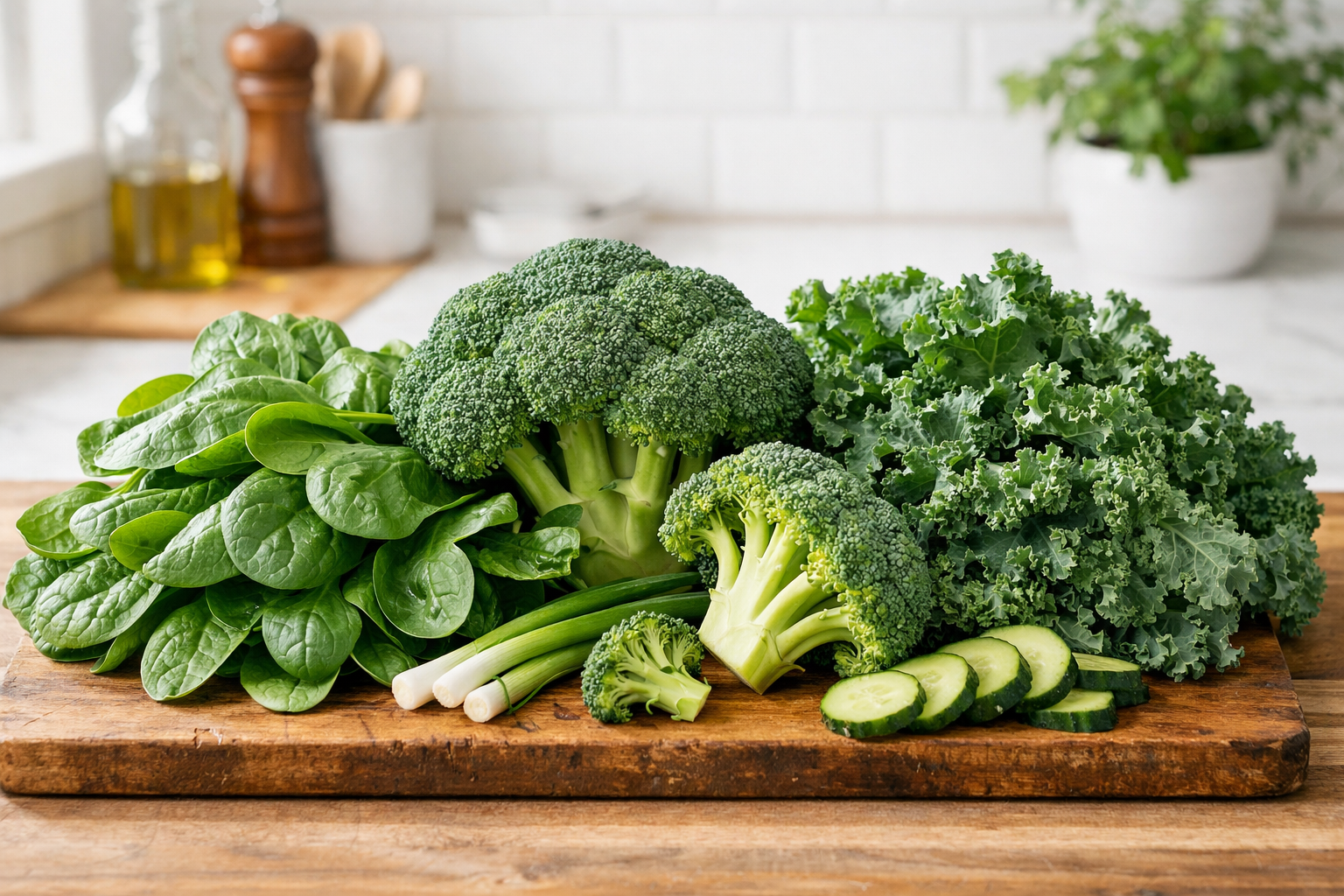 fresh green vegetables including spinach, broccoli and kale arranged on a wooden cutting board in a bright kitchen